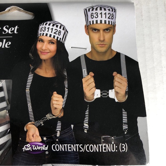 Fun World Prisoner Costume One Size Hat Handcuffs Suspenders Halloween B&W NWT - Picture 6 of 7